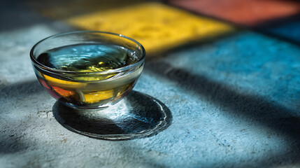 A bowl of sacred anointing oil illuminated by colorful stained glass light