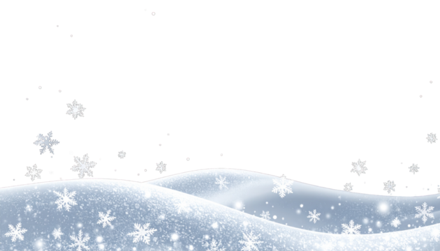 Winter scene with snow drifts, snowflakes falling against a black sky