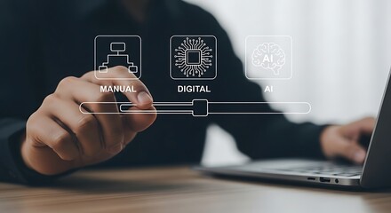 Hand moving slider from manual to AI on digital interface artificial intelligence