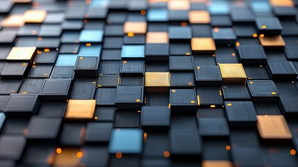 A close-up, abstract 3D render of a grid of dark gray, blue, and gold cubes with small orange lights glowing between them, creating a futuristic and technologic