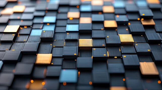 A close-up, abstract 3D render of a grid of dark gray, blue, and gold cubes with small orange lights glowing between them, creating a futuristic and technologic