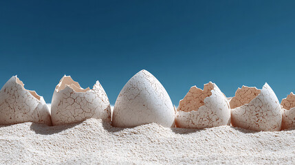 Lone intact egg symbolizing new beginnings and hope among broken shells on sand