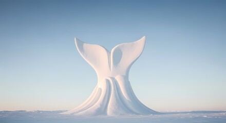 Whale tail sculpture in snow against a blue sky.