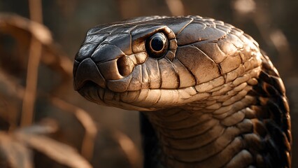 Detailed close-up macro photograph of a venomous black cobra snake's head, highlighting the intricate scales and intense eye in its natural habitat
