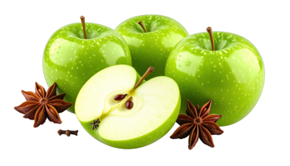 Four Granny Smith apples, one cut open, with star anise and cloves