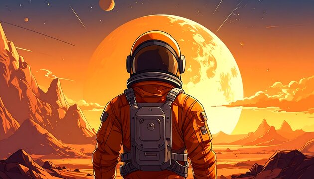 Astronaut on an alien planet looking towards a giant moon, bathed in orange light against a rocky landscape