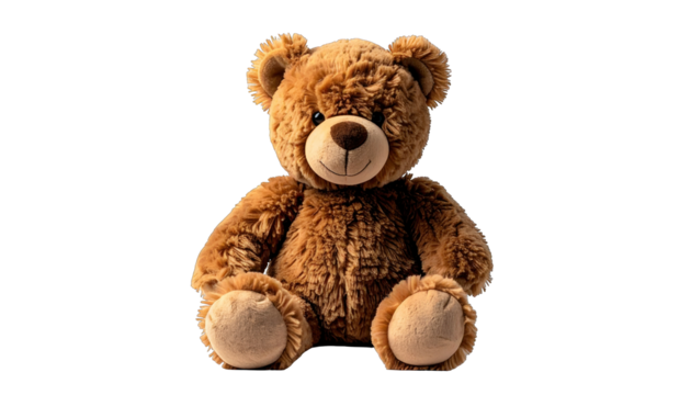 A friendly brown teddy bear with a smiling face, sitting against a black background