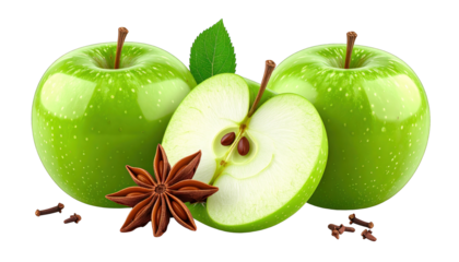 Three green apples, one halved, with star anise, cloves, and a leaf