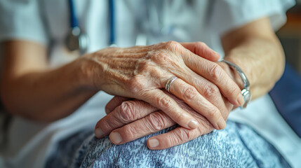 doctor holding elderly man's hand in hospital room, symbol of trust, compassion and medical care in healthcare setting