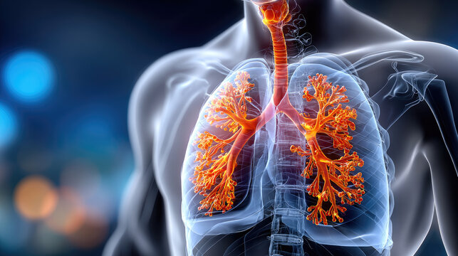 human lungs silhouette with glowing effect, lung pain and disease concept, medical illustration with space for text, healthcare and respiratory treatment