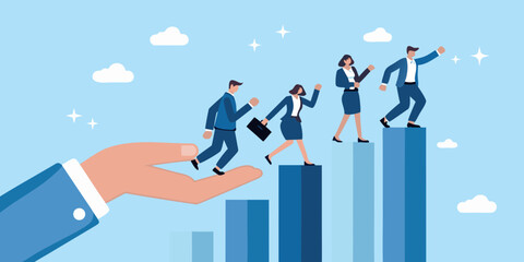 Business people ascending career ladder with helping hand