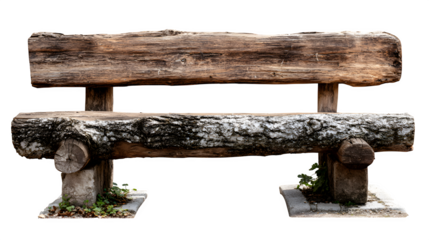 A wooden bench carved from a single log, rough-hewn but inviting, situated in a quiet village park, isolated on a Transparent background