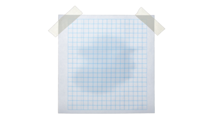 Squared paper sheet, taped on top corners against black.  Textured grid. Blank space