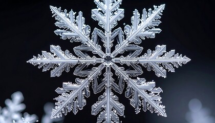 Detailed macro shot of a crystalline snowflake against a dark, blurred backdrop showing intricate icy patterns