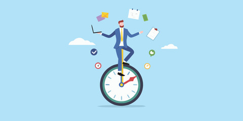 Businessman balancing on a clock with tasks floating around him