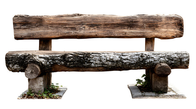 A wooden bench carved from a single log, rough-hewn but inviting, situated in a quiet village park, isolated on a Transparent background