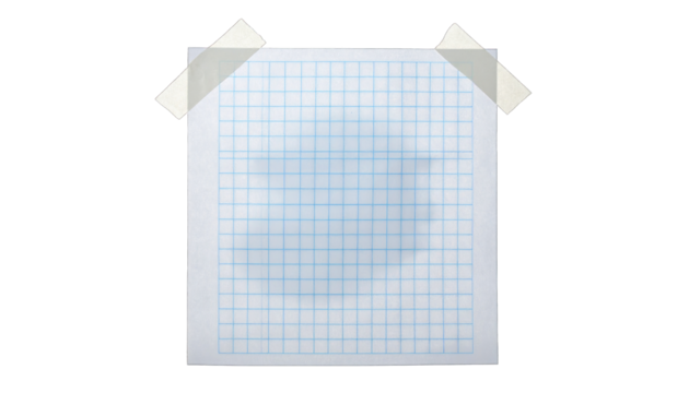 Squared paper sheet, taped on top corners against black.  Textured grid. Blank space