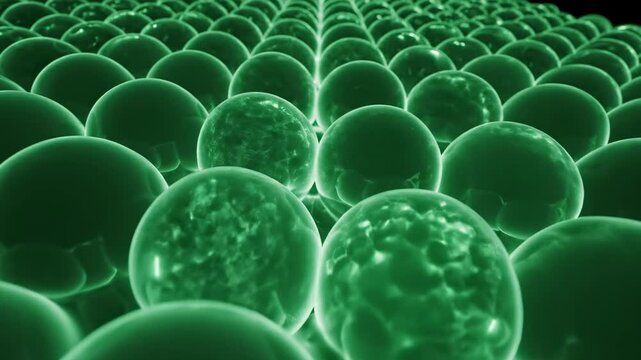 Soft continuous pulsation of thousands of small identical bioluminescent organic spheres arranged in a symmetrical honeycomb pattern background cellular, visualization, science