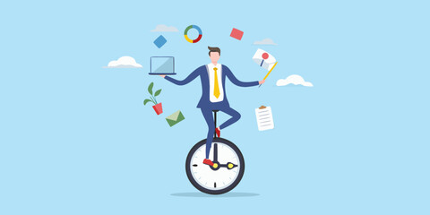 Businessman juggling tasks while riding a unicycle clock