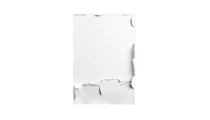 Isolated white rectangular paper with torn, peeling edges on a black background
