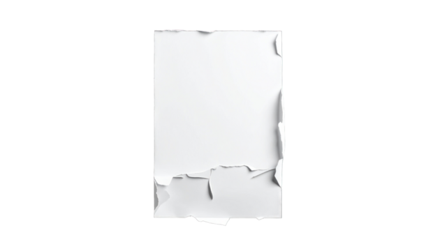 Isolated white rectangular paper with torn, peeling edges on a black background