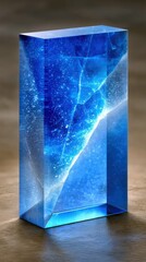 A rectangular block of translucent blue material, resembling crystal or ice, with internal cracks and sparkling light particles. The object is placed on a textu