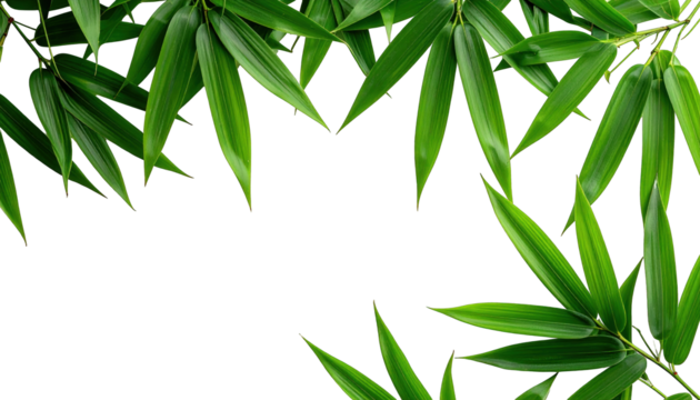 Lush green bamboo leaves form a natural border against a black background