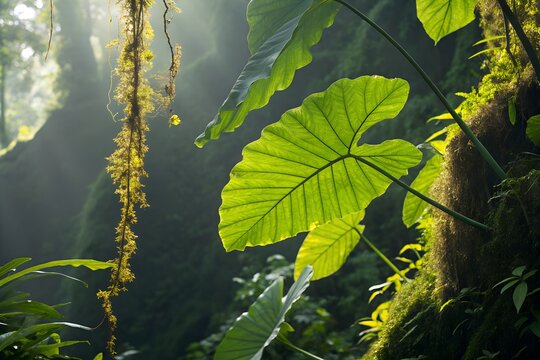 Sunlight streams through a lush tropical rainforest illuminating large green elephant ear leaves and hanging moss creating a mystical and serene natural atmosphere