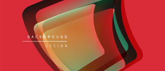 Abstract geometric shapes overlap, creating vibrant color gradients. Red background emphasizes layered design elements. Text reads background design.