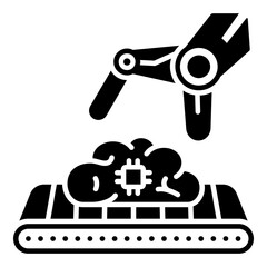 Automated AI Brain Chip Production Glyph Icon. Robotic Claw Handling a Brain Chip on a Conveyor Belt - Concept for the Mass Production of Robotic Intelligent Systems.