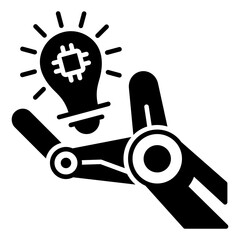 Artificial Intelligence Innovation Glyph Icon. Robotic Hand Presenting an AI Microchip Idea Light Bulb - Concept for Digital Solutions, Machine Intelligence, and Breakthrough Technology.