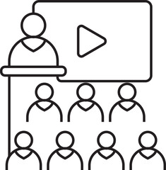 Line art icon of a speaker at a podium giving a video presentation to an audience in a conference.