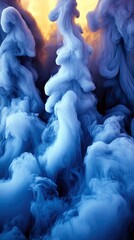 Abstract swirling blue smoke plumes against a warm, glowing yellow background, creating an ethereal and mystical atmosphere.