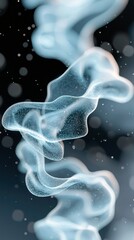 An abstract, flowing form of light blue smoke or vapor, filled with tiny white particles, against a dark background with soft, out-of-focus bokeh lights.
