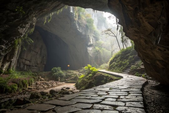 A winding stone pathway leads into a lush green cave entrance bathed in ethereal sunlight creating a mystical and adventurous natural landscape