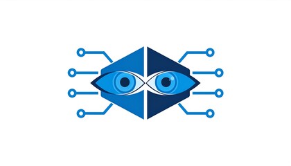 Abstract eye logo with circuits, geometric shapes, split colors of blue against white background