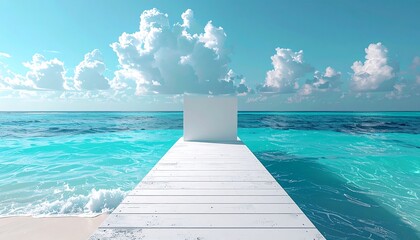 Obraz premium A bright white pier stretches to a box at the horizon, leading into turquoise water under a bright sky