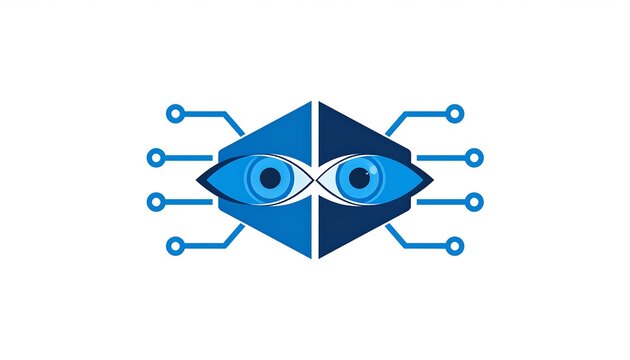 Abstract eye logo with circuits, geometric shapes, split colors of blue against white background - Powered by Adobe