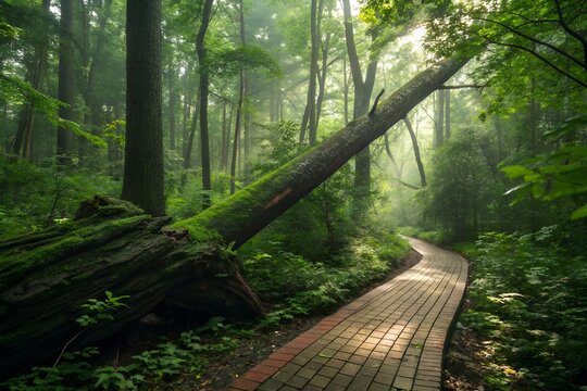 Sunlight streams through a lush green forest illuminating a wooden boardwalk winding through trees with a fallen log creating a natural obstacle on the path