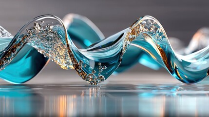 An abstract, dynamic spiral of blue liquid with visible bubbles and golden highlights, suggesting fluid motion and energy. The background is a soft gray.