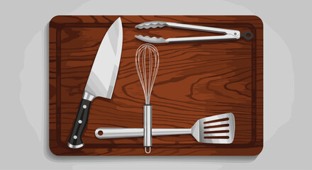 Essential kitchen tools ready for chef's culinary creations on rustic wooden cutting board, inspiring delicious home cooking and gourmet meals