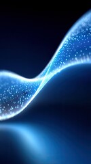 An abstract digital visualization of a luminous blue wave composed of countless small glowing particles, flowing dynamically through a dark, deep blue backgroun