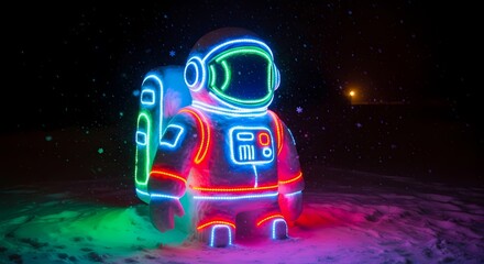 A vibrant neon light sculpture of an astronaut standing on a snowy ground at night.