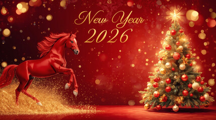 Chinese horoscope. Happy New Year 2026. The symbol of the year is a red fire horse on a red background. Banner for a party and New Year's Eve.