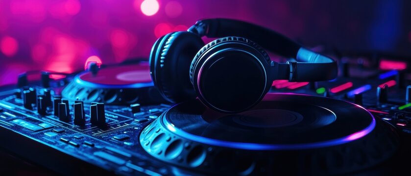 Modern DJ Setup with Headphones and Turntables under Neon Lights - Powered by Adobe