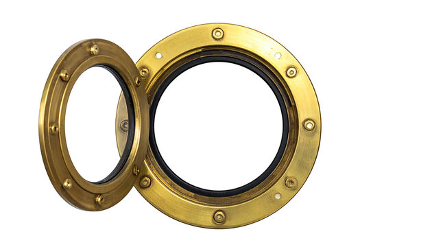 A round, brass ship porthole is open, displaying a black void