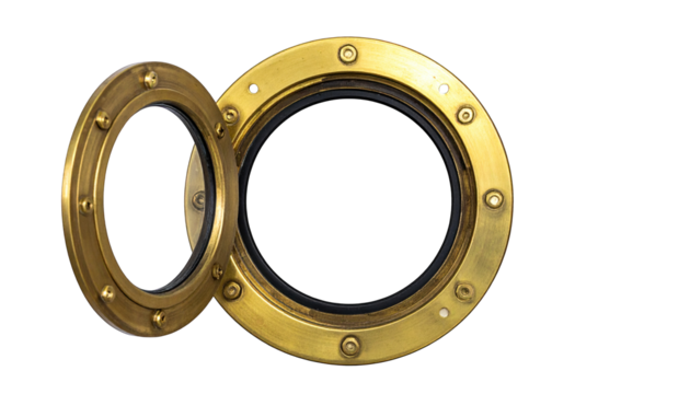 A round, brass ship porthole is open, displaying a black void