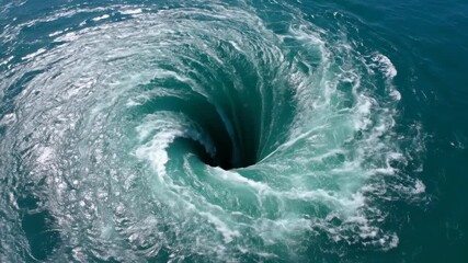 Stunning high angle aerial drone shot overlooking a powerful clear water whirlpool draining swiftly and forming a vortex spiral water, movement, blue