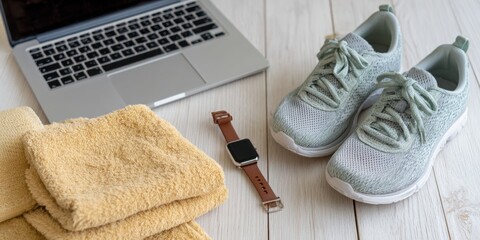 Laptop, towels, sports watch, and sneakers arranged on textured surface, creating a wellness flat lay for home workout inspiration and digital fitness