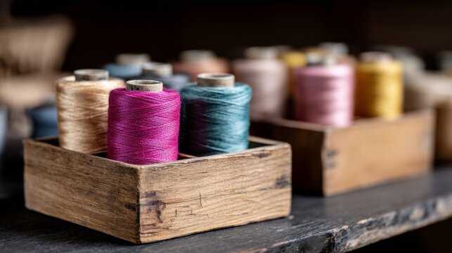 Vintage wooden sewing thread organizer filled with colorful spools, showcasing rustic textures and warm light in a cozy crafting atmosphere